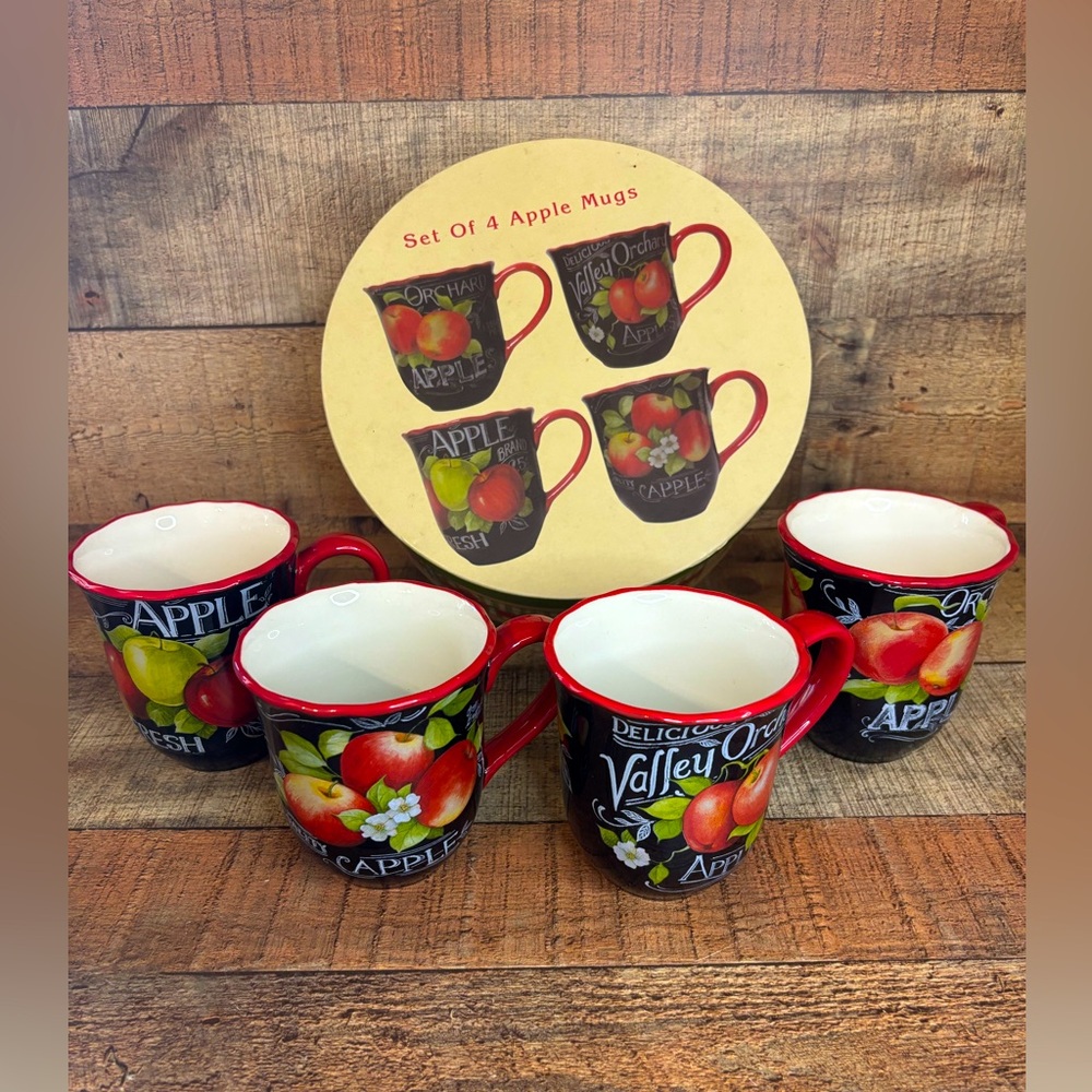 Set Of 4! Cracker Barrel Apples Apple Orchard Grove Red/Black Coffee Mugs NIB